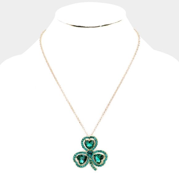 Gold Green Rhinestone Crystal Shamrock Pendant Necklace Chain Heart Leaf Clover - Picture 2 of 2